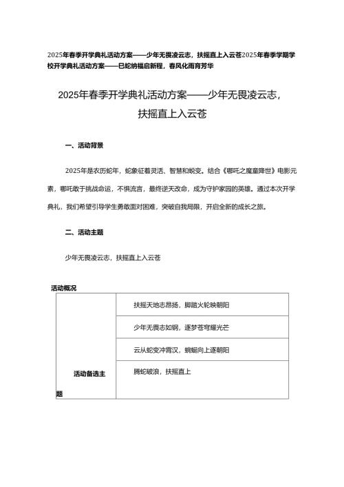 2025年春季开学典礼活动方案——2025年春季学期学校开学典礼活动方案——巳蛇纳福启新程春风化雨育芳华、少年无畏凌云志扶摇直上入云苍.docx