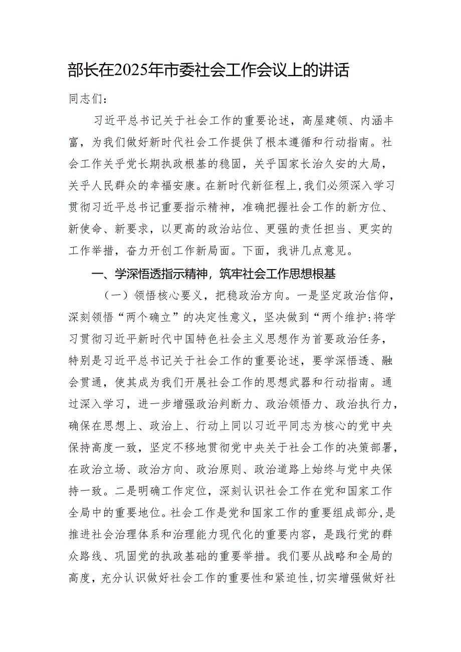 部长在2025年市委社会工作会议上的讲话.docx_第1页