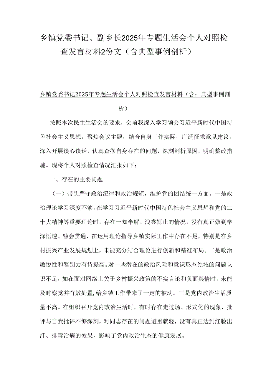 乡镇党委书记、副乡长2025年专题生活会个人对照检查发言材料2份文（含典型事例剖析）.docx_第1页