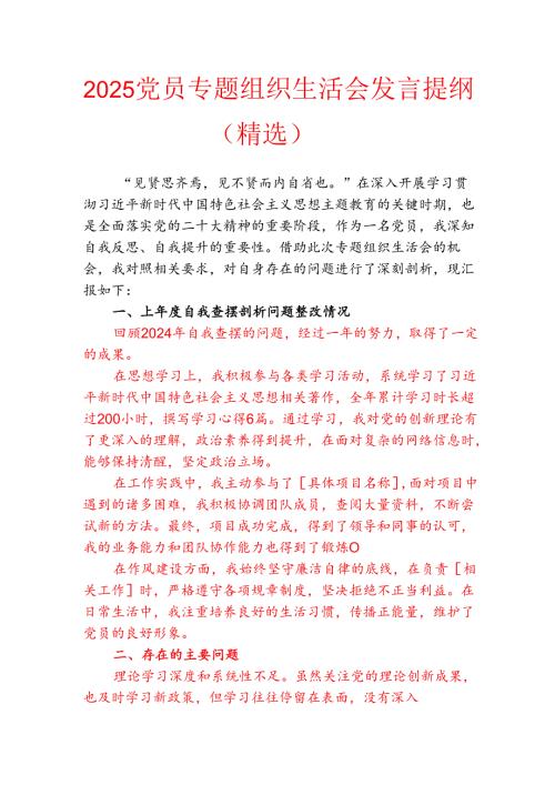 2025 党员专题组织生活会发言提纲.docx