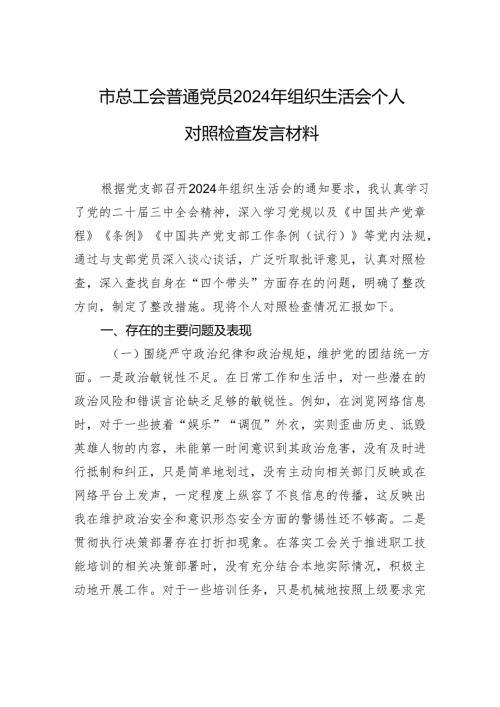 总工会普通党员2024年度组织生活个人检查发言材料.docx