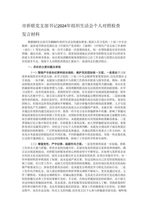 市侨联党支部书记2024年组织生活会个人对照检查发言材料.docx