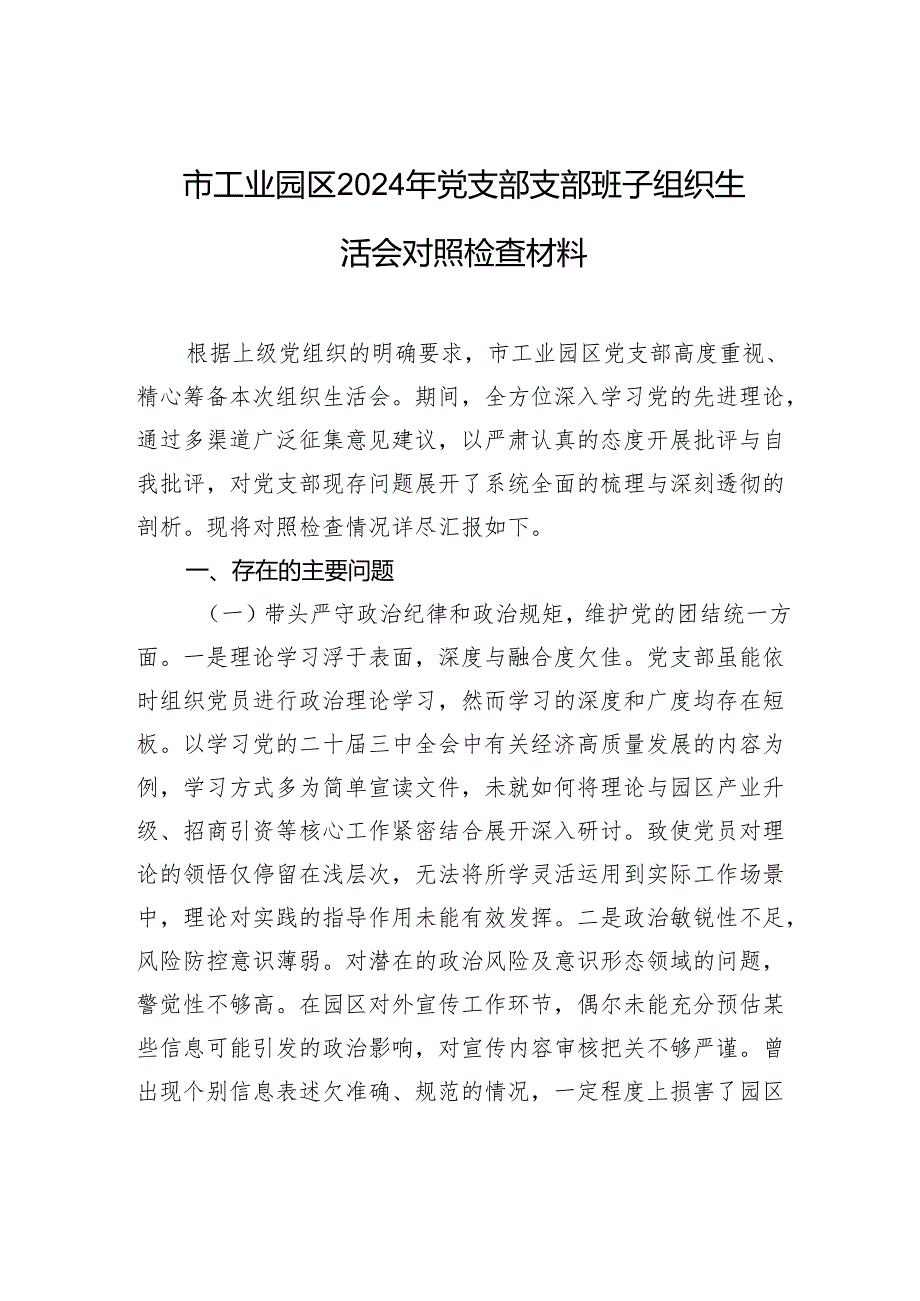 工业园区2024年党支部支部班子组织生活会对照检查发言材料.docx_第1页