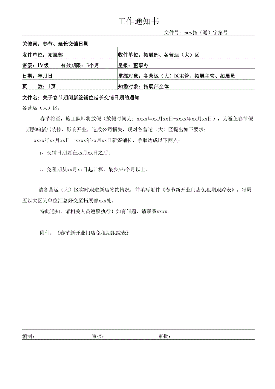 关于春节期间新签铺位延迟交铺的通知.docx_第1页