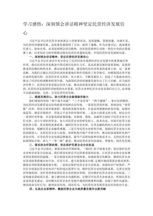 学习感悟：深刻领会讲话精神 坚定民营经济发展信心.docx