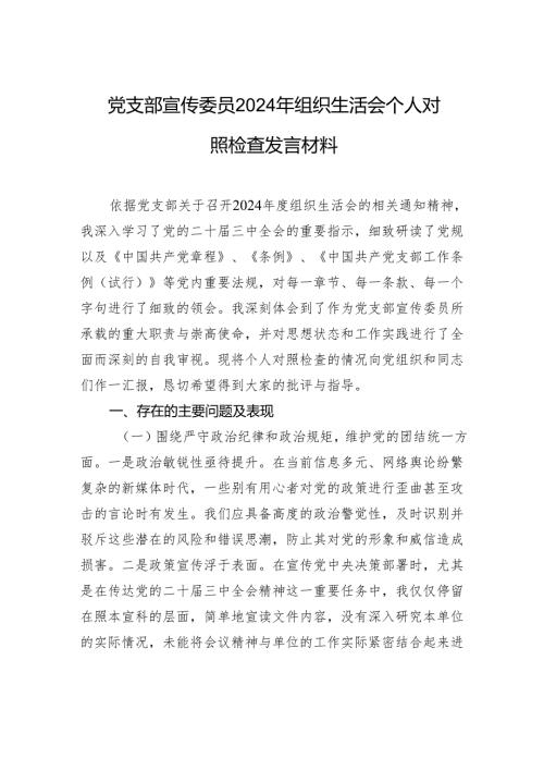 支部宣传委员2024年组织生活会个人对照检查发言材料.docx