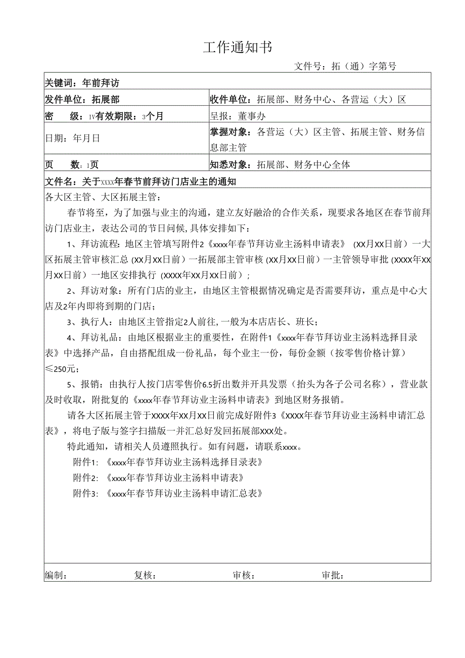 关于春节前拜访门店业主的通知.docx_第1页