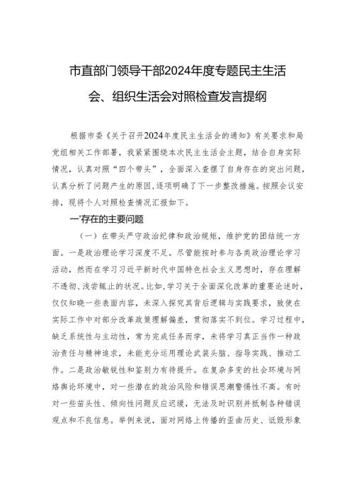 市直领导干部2024年度民主生活会、组织生活会对照检查发言提纲.docx
