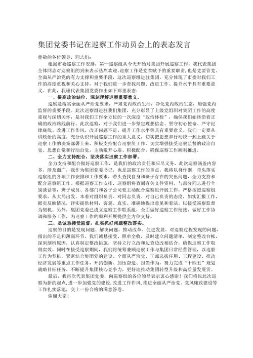 集团党委书记在巡察工作动员会上的表态发言.docx