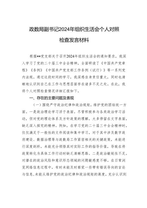 政数局副书记2024年度组织生活会个人对照检查发言材料.docx