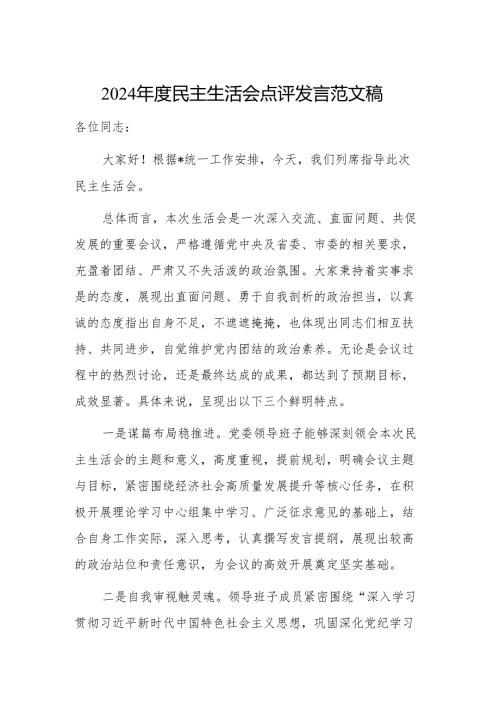 2024年度民主生活会点评发言范文稿.docx
