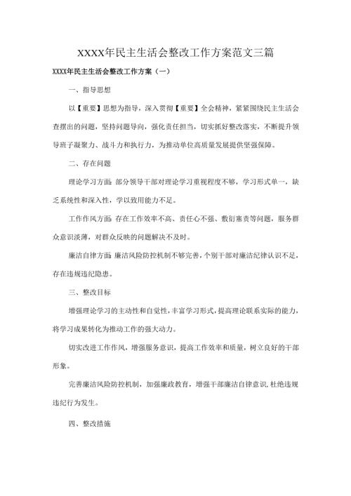 XXXX年民主生活会整改工作方案范文三篇.docx