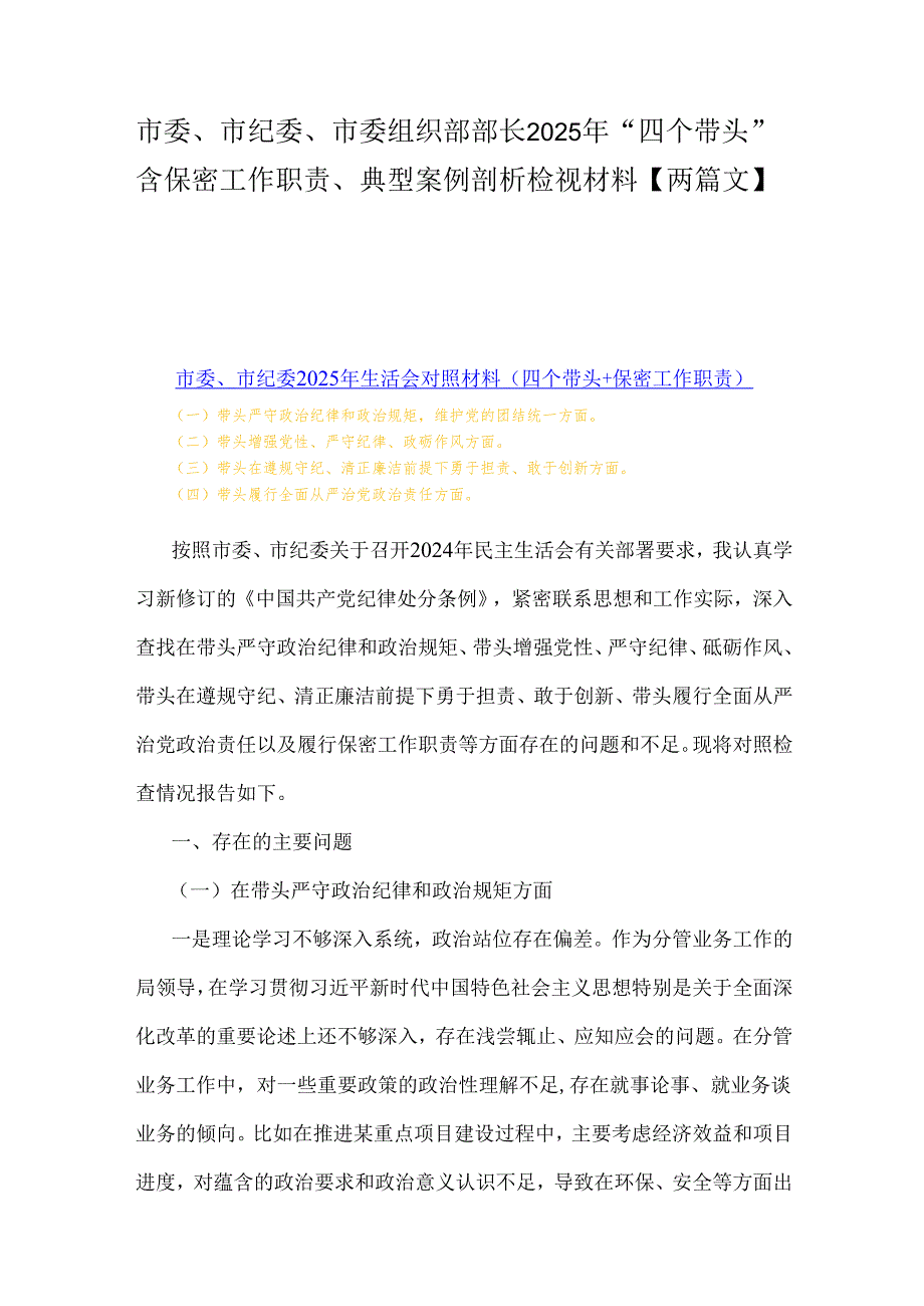 市委、市纪委、市委组织部部长2025年“四个带头”含保密工作职责、典型案例剖析检视材料【两篇文】.docx_第1页