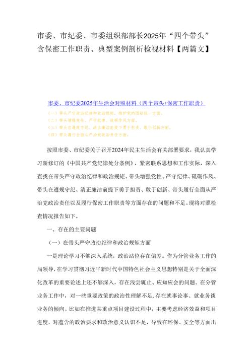 市委、市纪委、市委组织部部长2025年“四个带头”含保密工作职责、典型案例剖析检视材料【两篇文】.docx