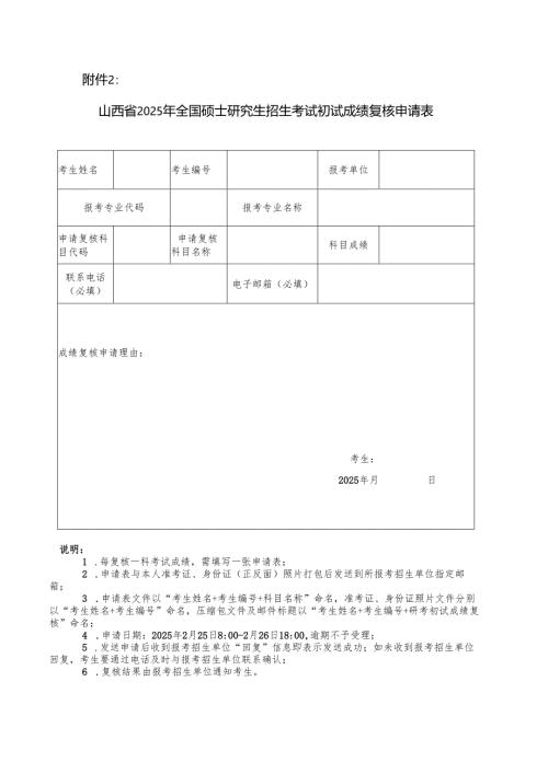 山西省2025年全国硕士研究生招生考试初试成绩复核申请表.docx