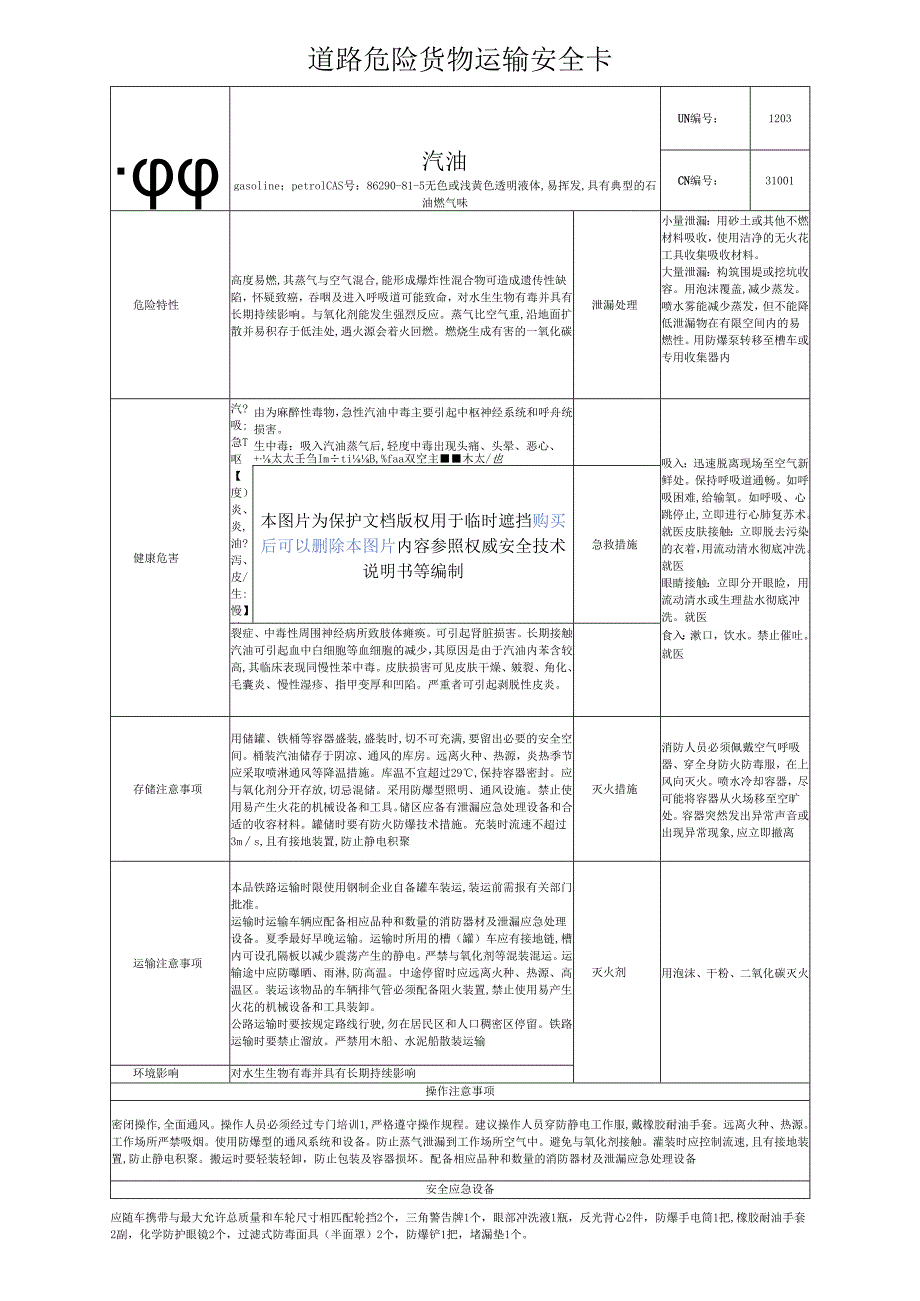 2025版《汽油道路危险货物运输安全卡》新修订版.docx_第1页