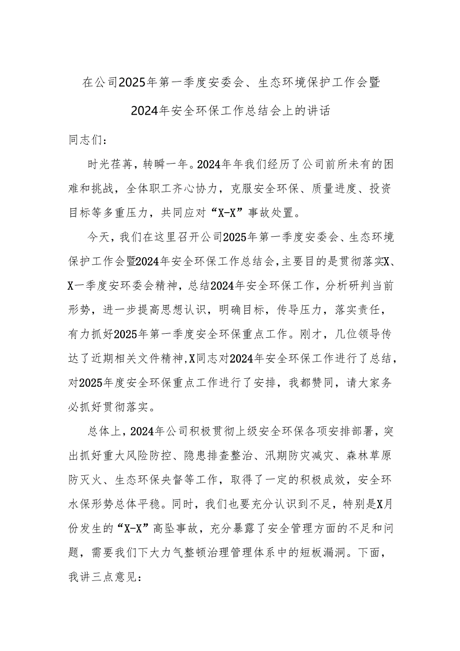在公司2025年第一季度安委会、生态环境保护工作会暨2024年安全环保工作总结会上的讲话.docx_第1页