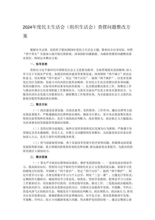 2024年度民主生活会（组织生活会）查摆问题整改方案.docx