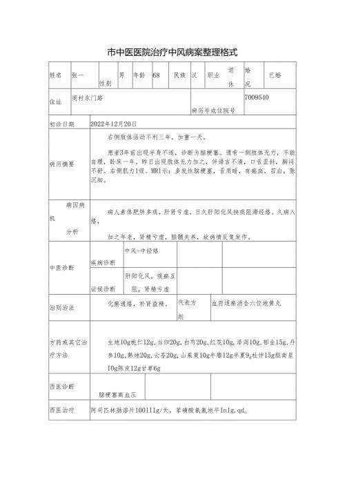市中医医院治疗中风病案整理格式.docx