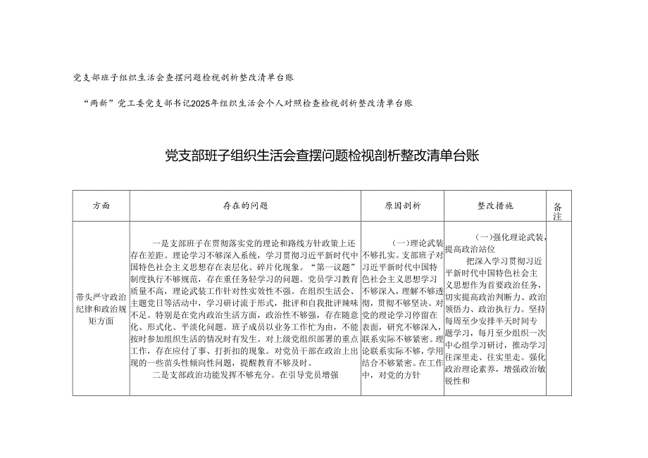 2份 2025年党支部书记组织生活会个人对照检查检视剖析整改清单台账.docx_第1页