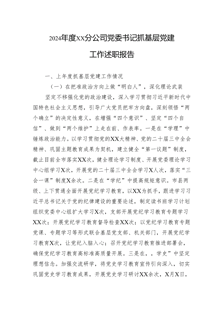 2024年度XX分公司党委书记抓基层党建工作述职报告.docx_第1页
