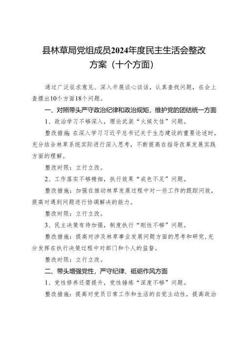县林草局党组成员2024年度民主生活会整改方案(十个方面）.docx