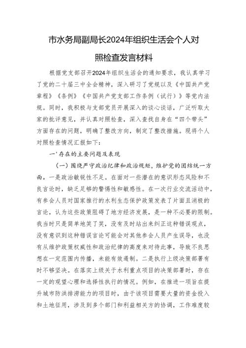 市水务局副局长2024年组织生活会个人对照检查发言材料.docx