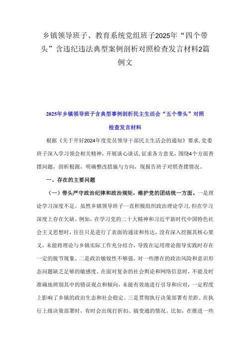 乡镇领导班子、教育系统党组班子2025年“四个带头”含违纪违法典型案例剖析对照检查发言材料2篇例文.docx