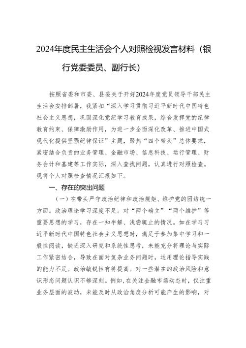 2024年度民主生活会个人对照检视发言材料（银行党委委员、副行长）.docx