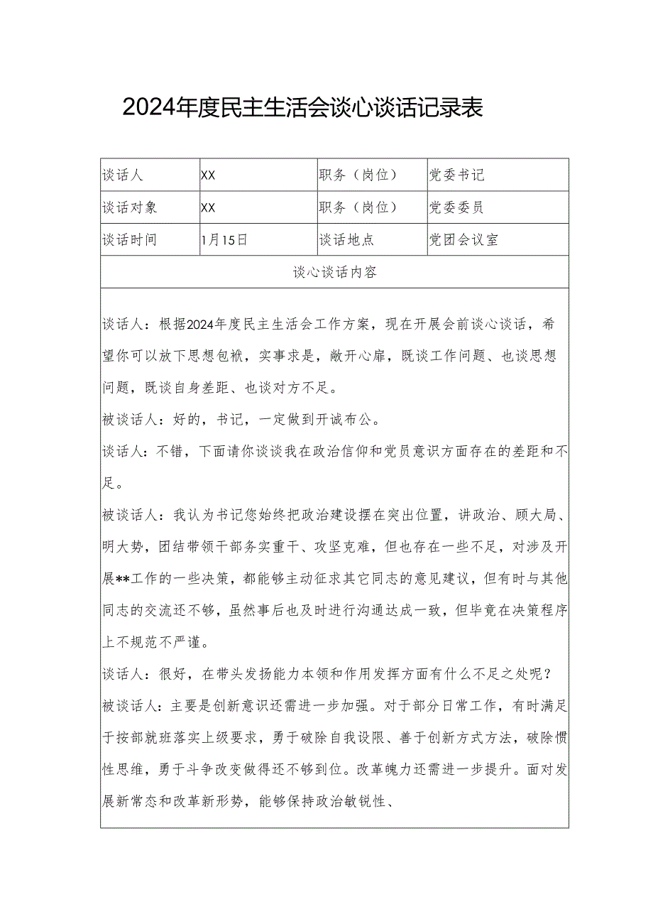 2024年度民主生活会谈心谈话记录表.docx_第1页