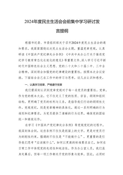 2024年度民主生活会会前集中学习研讨发言提纲.docx