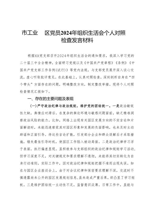 市工业园区党员2024年组织生活会个人对照检查发言材料.docx