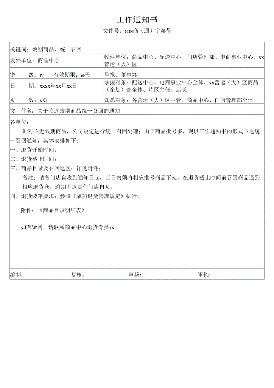 关于临近效期商品统一召回的通知.docx_第1页