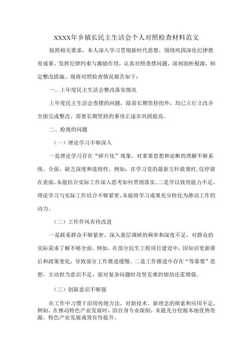 XXXX年乡镇长民主生活会个人对照检查材料范文.docx