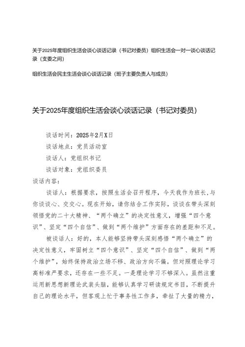 关于2025年度组织生活会谈心谈话记录（书记对委员、班子主要负责人与成员）+组织生活会一对一谈心谈话记录（支委之间）.docx