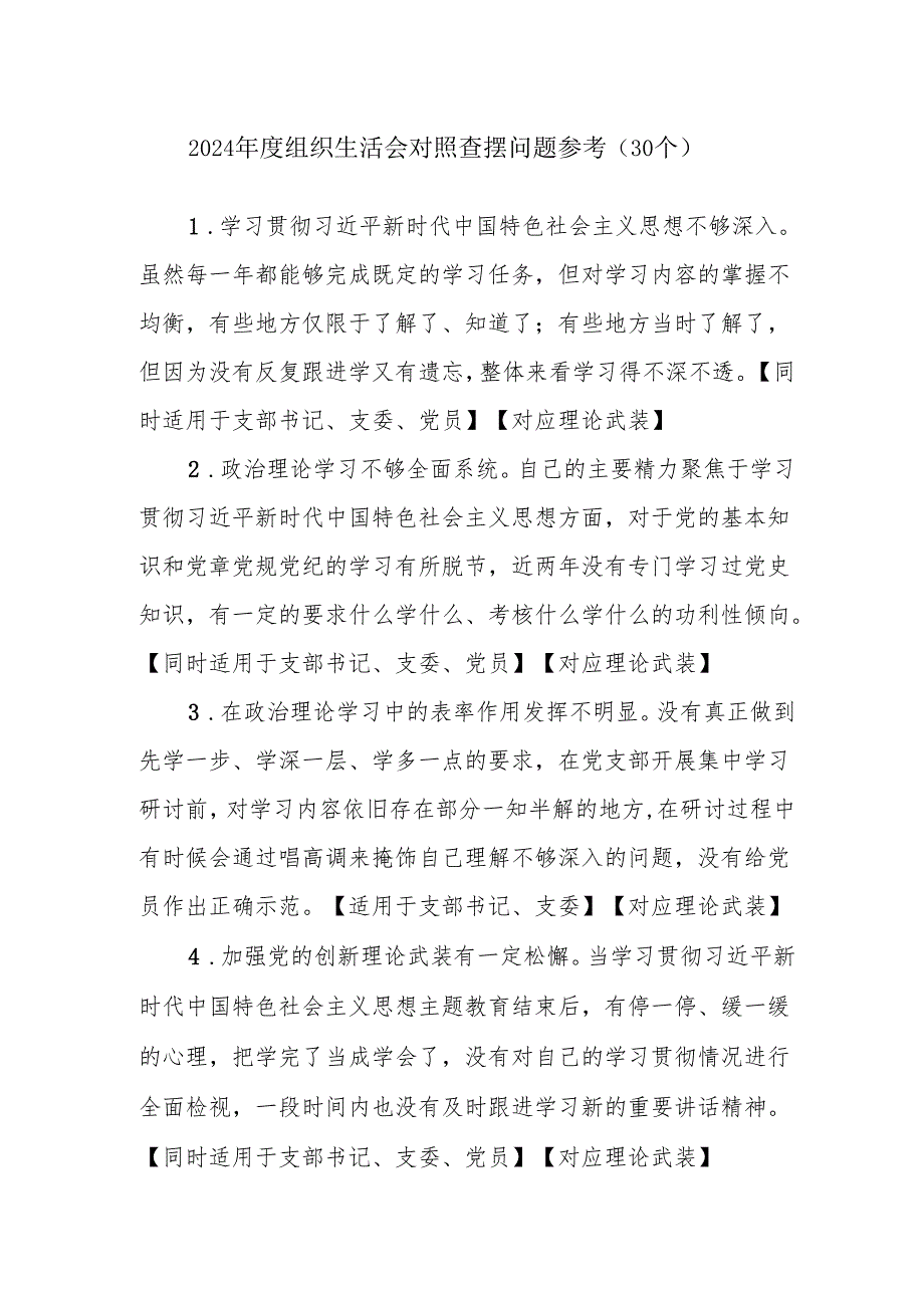 2025年组织生活会对照查摆问题30个.docx_第1页