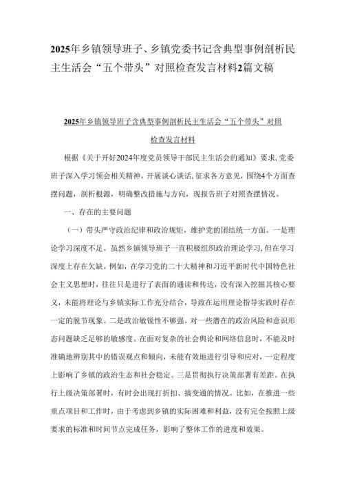 2025年乡镇领导班子、乡镇党委书记含典型事例剖析民主生活会“五个带头”对照检查发言材料2篇文稿.docx