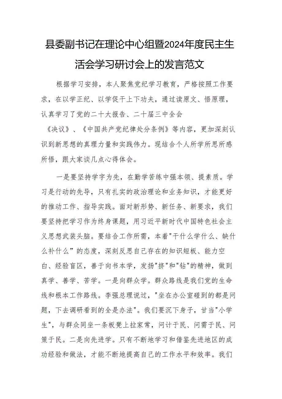 县委副书记在理论中心组暨2024年度民主生活会学习研讨会上的发言范文.docx_第1页