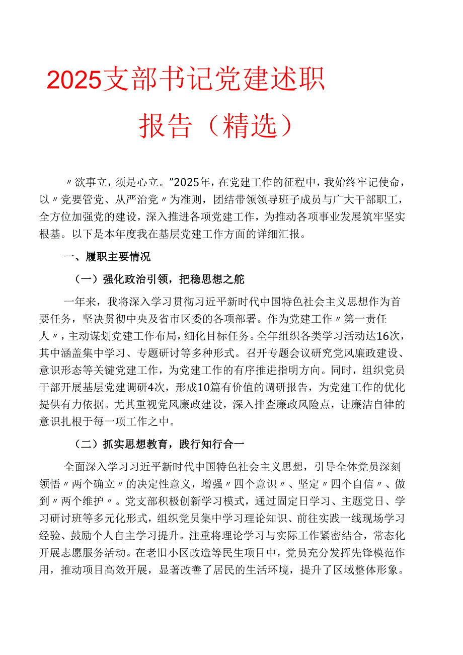 2025 支部书记党建述职报告（精选）.docx_第1页