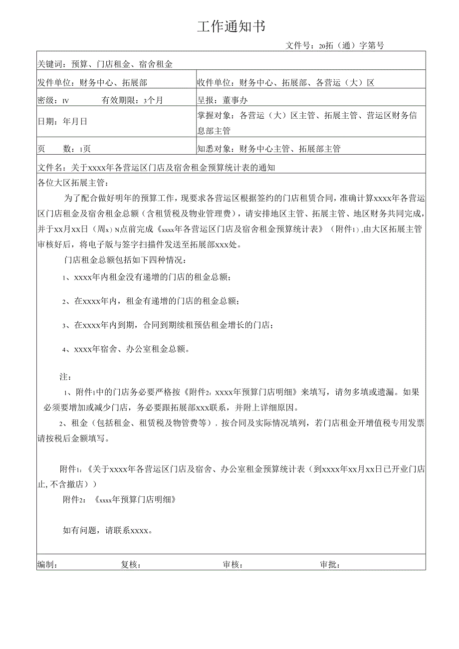 关于编制各营运区门店及宿舍租金预算统计表的通知.docx_第1页