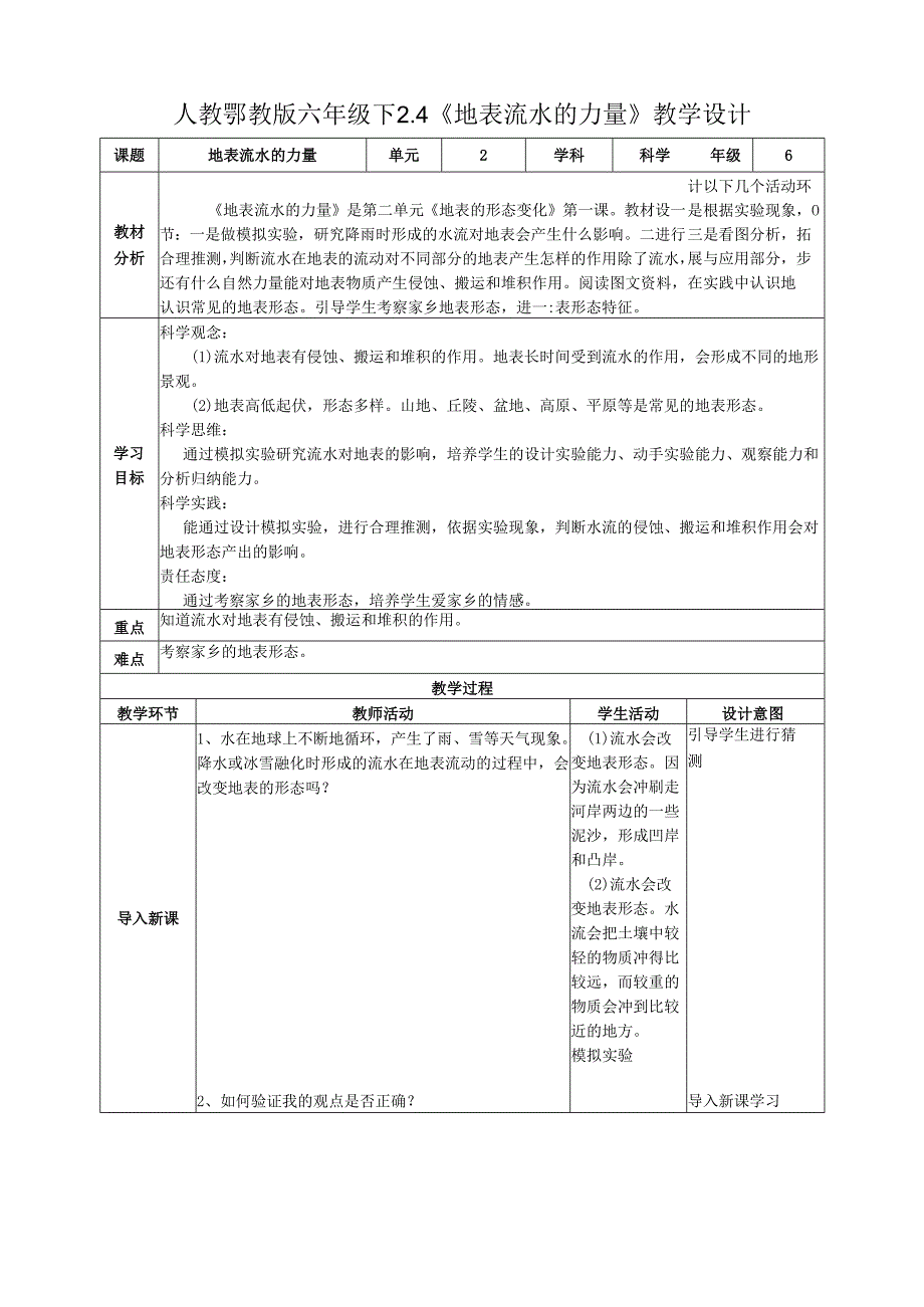 2025鄂教人教版科学六年级下册 第二单元 地表形态的变化2.4《地表流水的力量》教案.docx_第1页