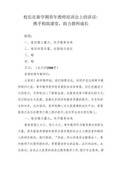 校长在新学期青年教师培训会上的讲话：携手构筑课堂助力教师成长.docx