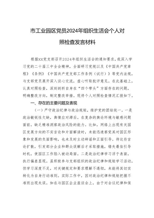 工业园区党员2024年度组织生活个人检查发言材料.docx