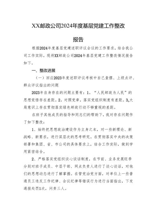 XX邮政公司2024年度基层党建工作整改报告.docx