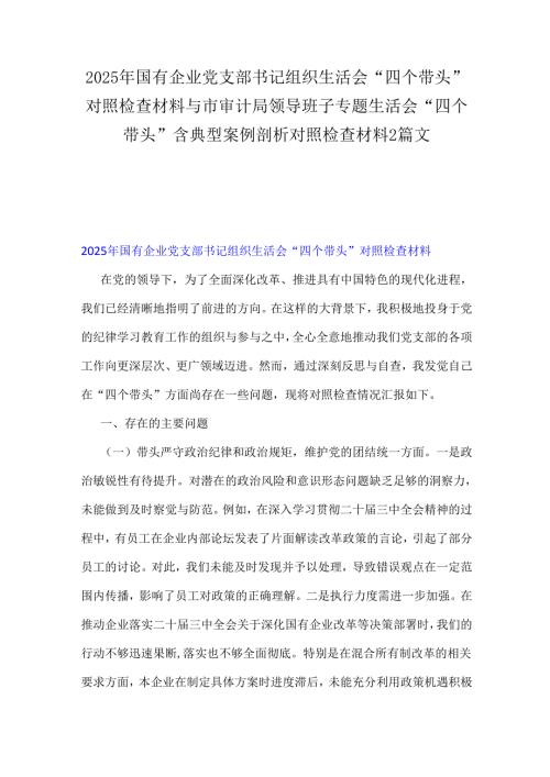 2025年国有企业党支部书记组织生活会“四个带头”对照检查材料与市审计局领导班子专题生活会“四个带头”含典型案例剖析对照检查材料2篇文.docx
