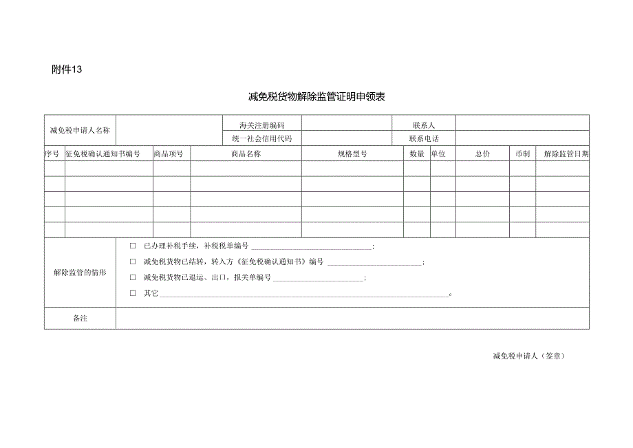 减免税货物解除监管申请表 (宋体 三号 粗体).docx_第1页