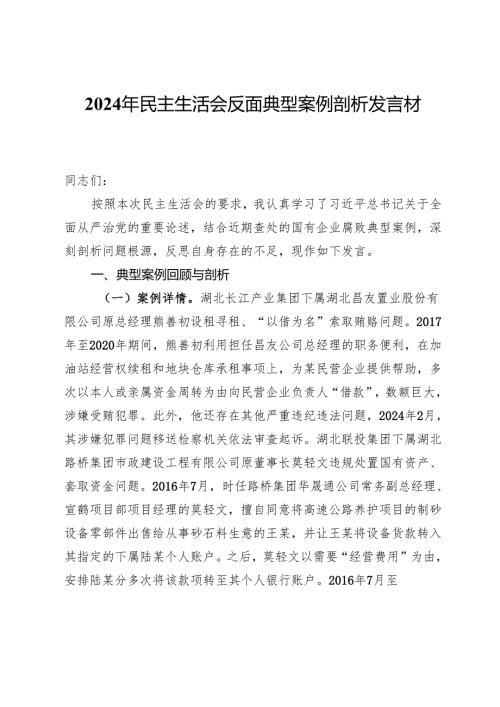 2024年民主生活会反面典型案例剖析发言材料.docx