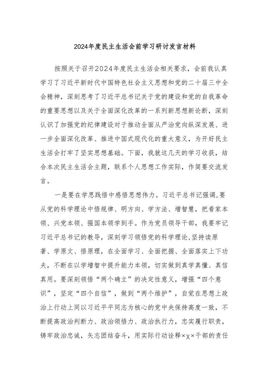 2024年度民主生活会前学习研讨发言材料.docx_第1页