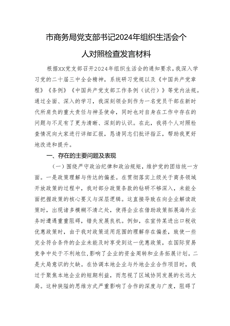 市商务局党支部书记2024年组织生活会个人对照检查发言材料.docx_第1页
