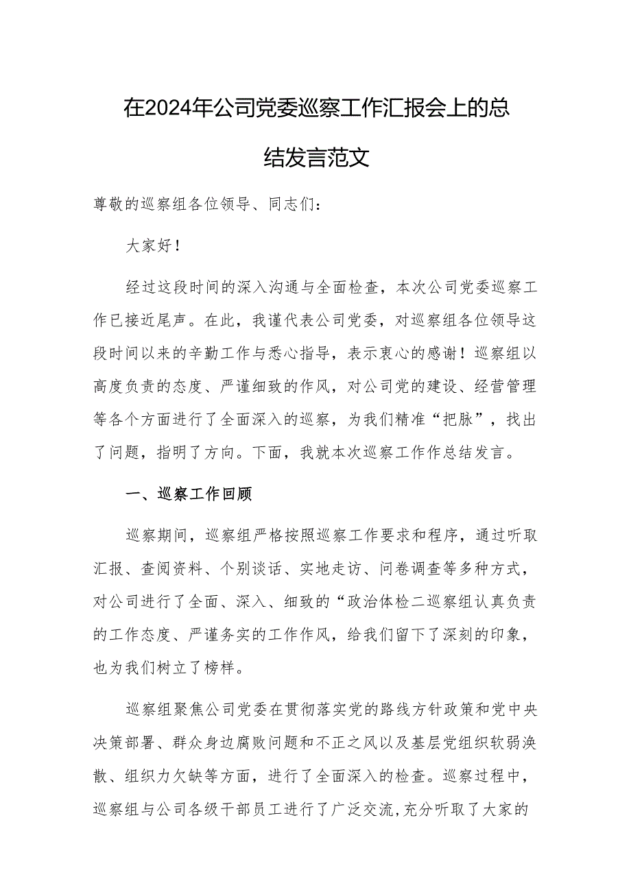 在2024年公司党委巡察工作汇报会上的总结发言范文.docx_第1页
